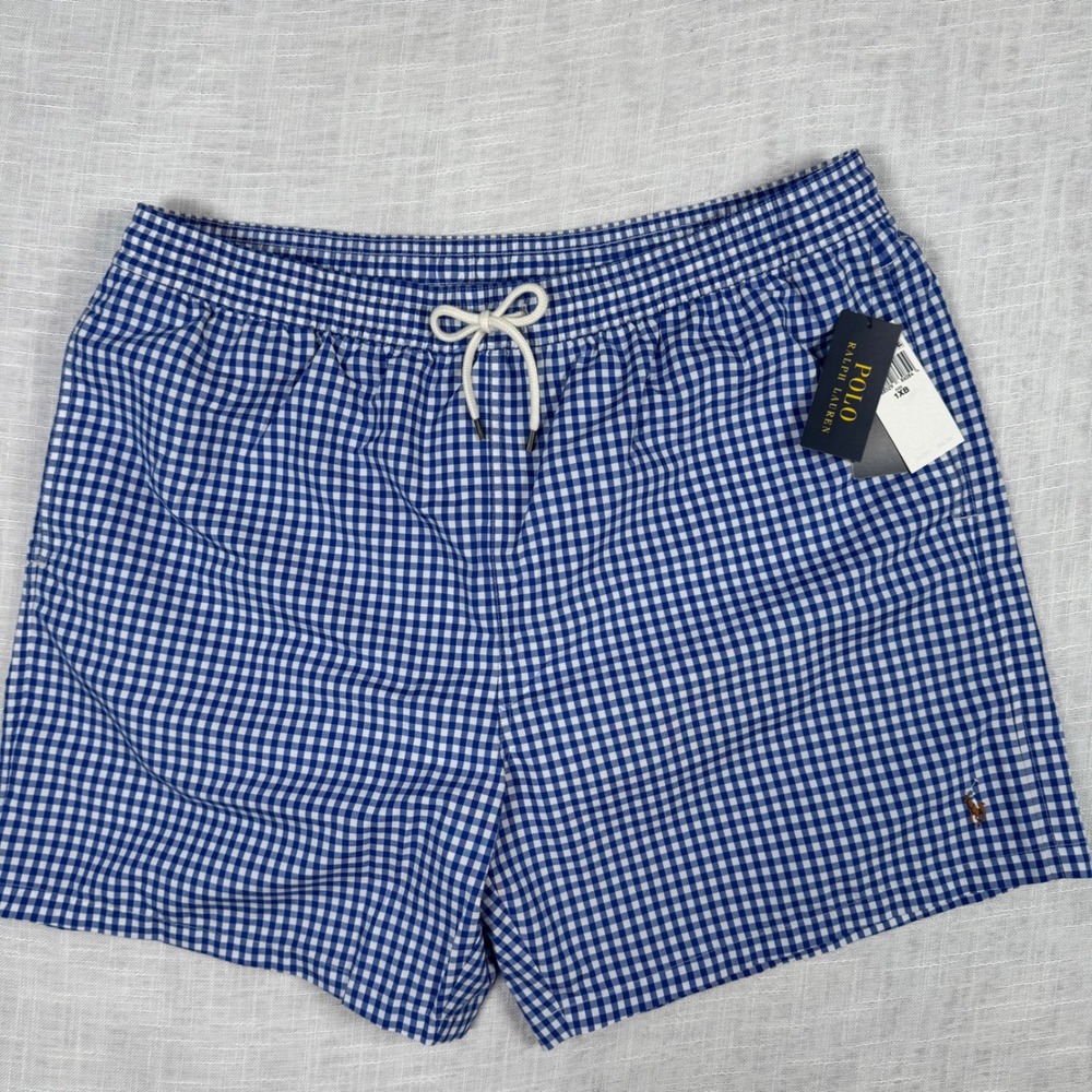 NWT Polo Ralph Lauren Mens 1XB Blue Gingham Swim Trunks Shorts Preppy Nautical